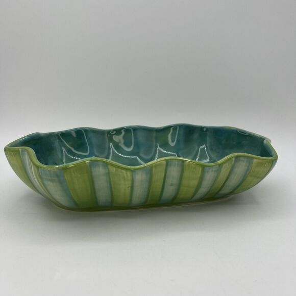 Gail Pittman Provence 11" Ruffled Serving Bowl Green Bands Stripe Discontinued - Picture 1 of 6